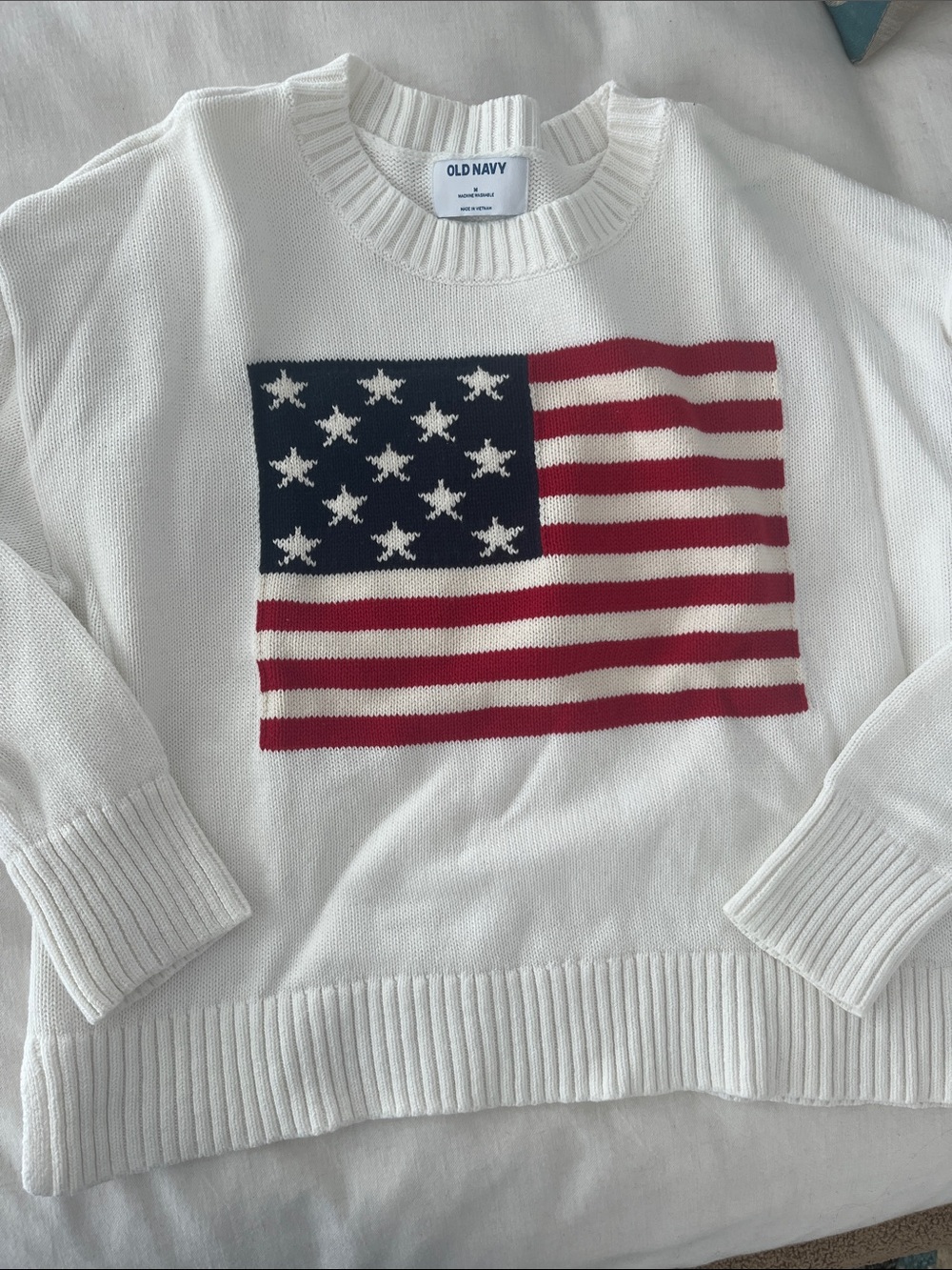 Old Navy White Crewneck Sweater with Red & Blue Flag Graphic